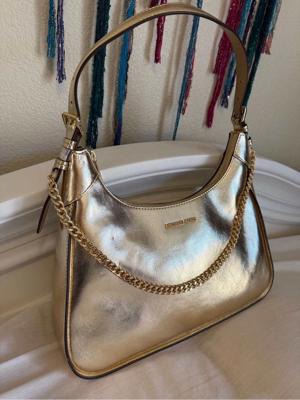 Michael Kors Metallic Gold Leather Chain-Trim Shoulder Bag